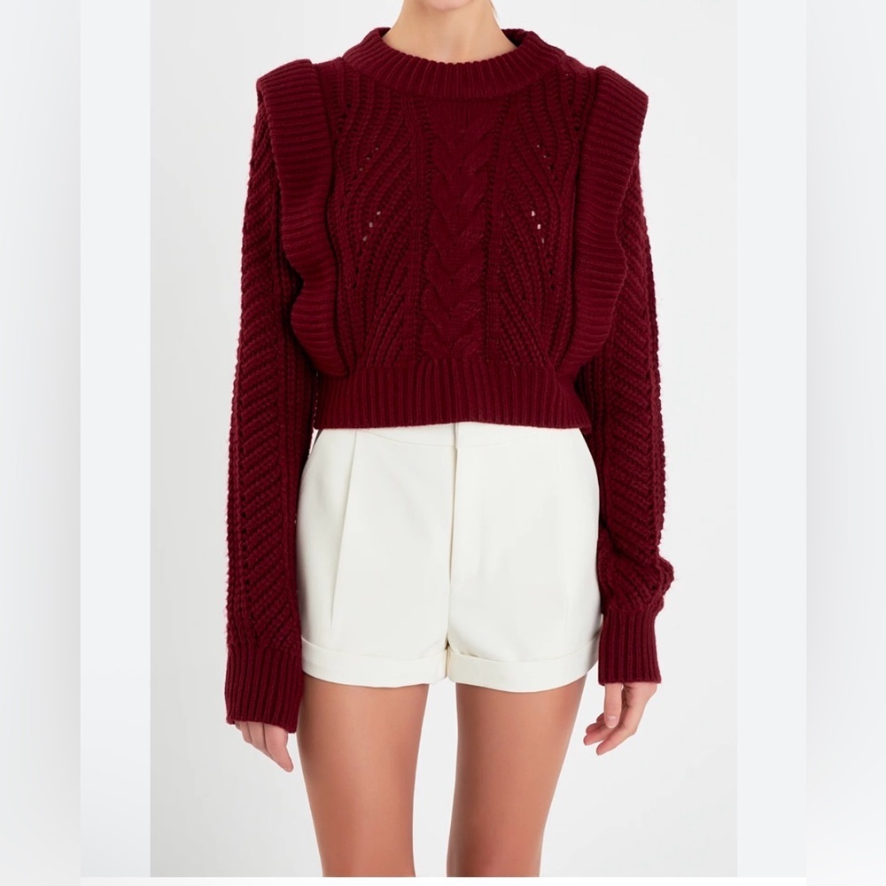 ENGLISH FACTORY chunky cable knit cropped sweater burgundy sz L